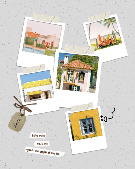 Un montage photo style scrapbook sur le thème de l'été avec cinq cadres Polaroid fixés par du ruban adhésif décoratif.