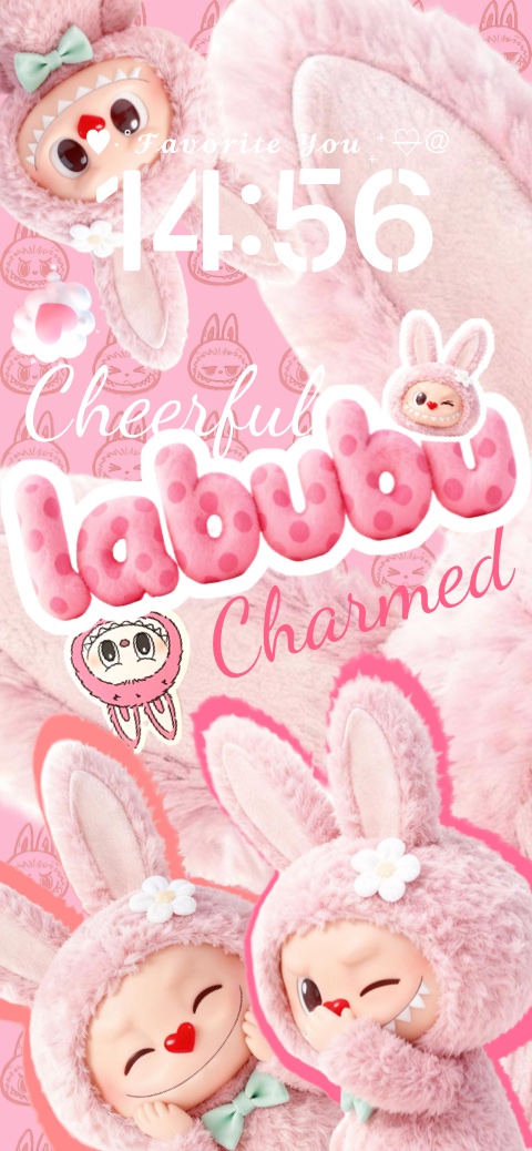 Plantilla de fondo de pantalla del personaje Labubu en color rosa esponjoso con letras de burbuja y espacios personalizables para widgets.