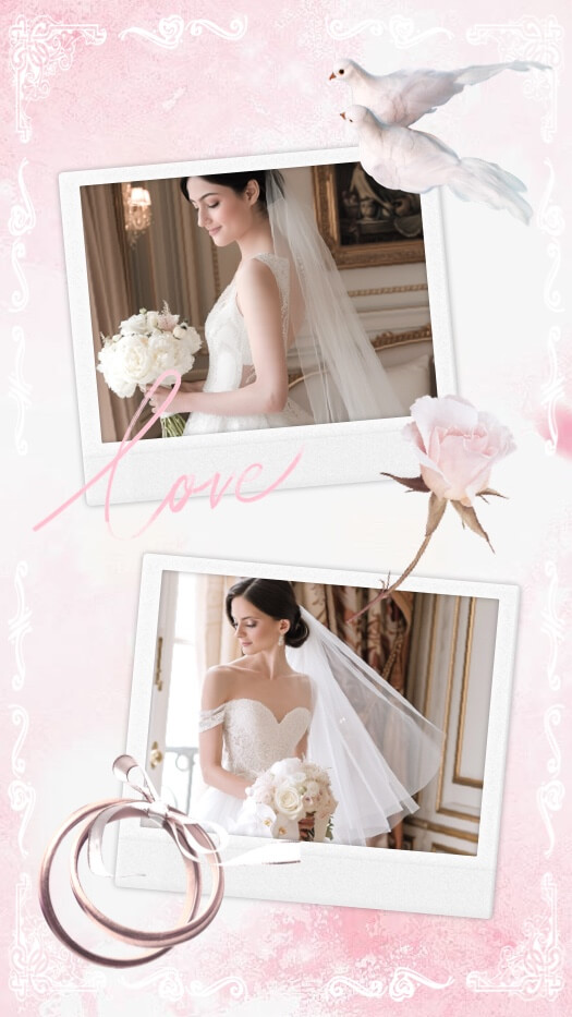 Romantic pink wedding collage with two Polaroid frames, white doves, a rose, wedding rings, and Love script.