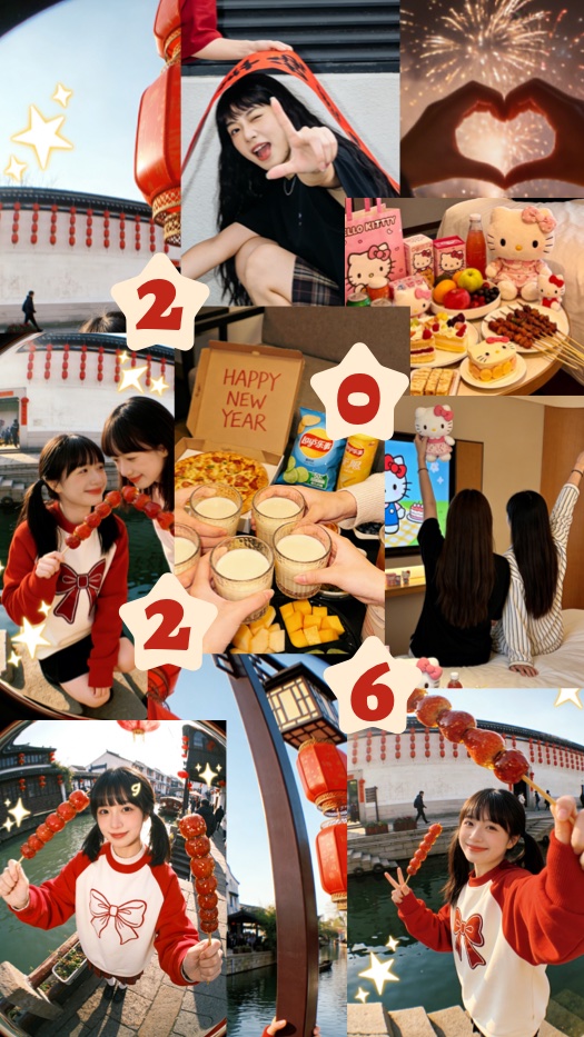 Eine festliche Fotocollage im Scrapbook-Stil für das Mondneujahr 2026 mit roten Laternen, Tanghulu-Snacks und Hello Kitty Dekorationen.