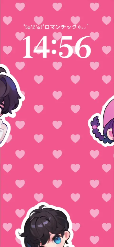Pink background with hearts and chibi anime characters, a customizable live wallpaper template.