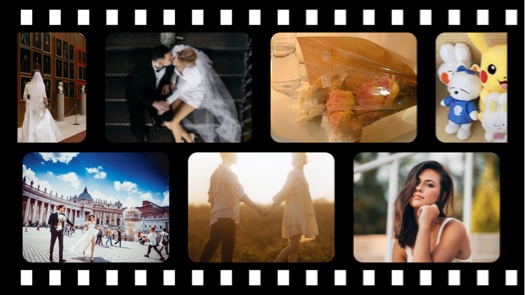 Vintage black film strip photo collage with 7 slots featuring wedding and couple photos in a cinematic layout.