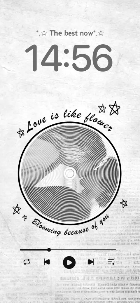 Minimalist black and white live wallpaper template with a romantic couple inside a vinyl record and music player UI.