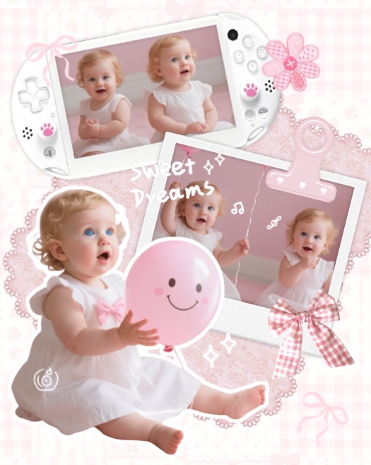 Modèle de montage photo rose avec un cadre de console de jeu, des rubans roses, un ballon souriant et des décorations en dentelle.