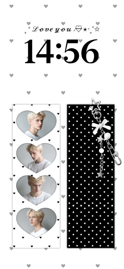 4つのハート型フォトフレームとドット柄、チャームがデザインされたモノクロのカスタマイズ用壁紙テンプレート。