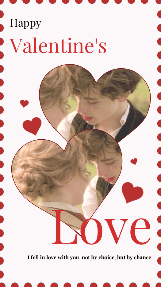 A Valentine's Day collage template with two heart-shaped photo frames, red heart stickers, and the text 'Happy Valentine's Love' on a white background with a red dotted border.