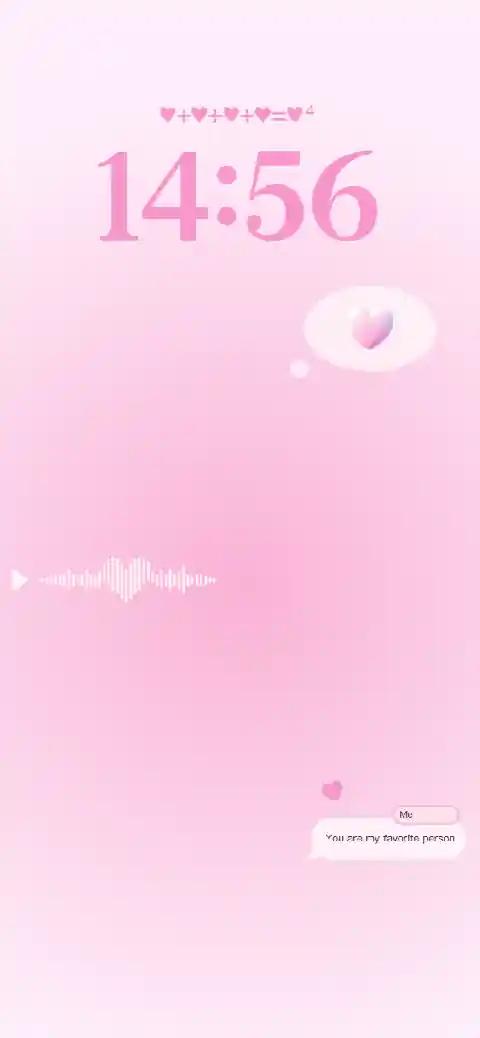 Soft pink aesthetic live wallpaper template with floating hearts, music waveform, and romantic message bubble.