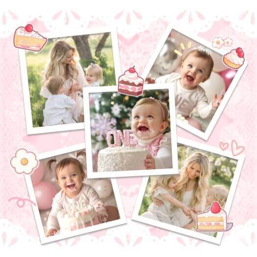 A pink baby-themed collage with 5 polaroid-style photos, decorated with strawberry cake stickers, hearts, and flowers.