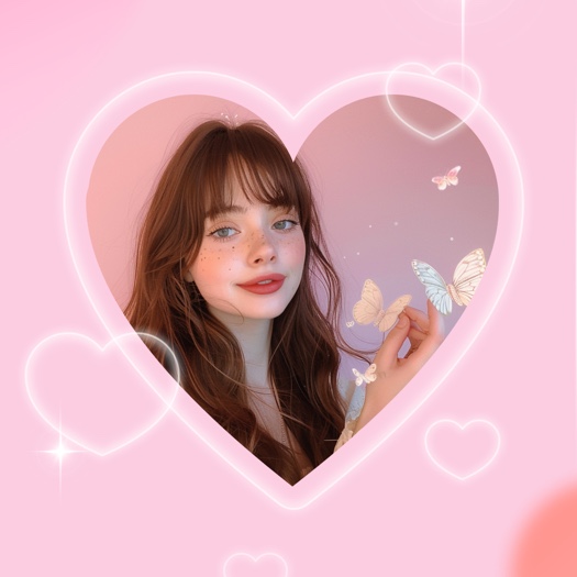 Ein Mädchen in einem großen leuchtenden Neon-Herzrahmen mit Schmetterlingsaufklebern auf rosa Hintergrund.