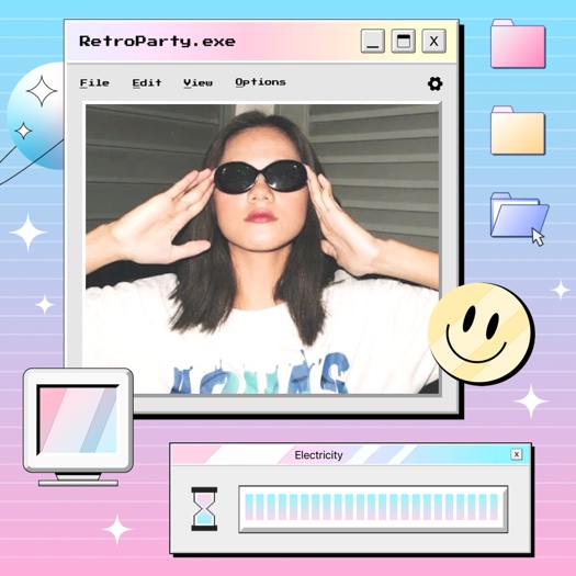 Y2K aesthetic photo collage template featuring a retro Windows computer interface, folders, and a yellow smiley face.