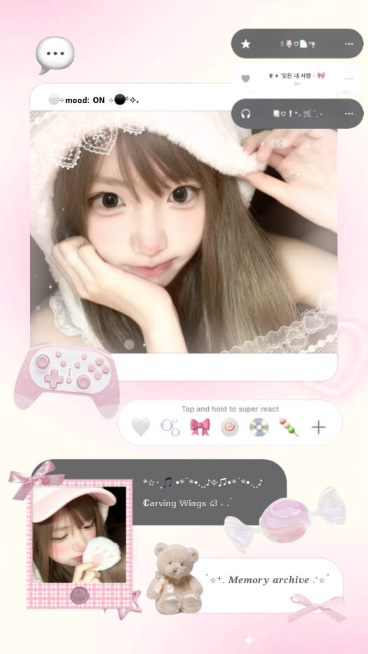 A pink Y2K-style photo collage template featuring a gamer-girl aesthetic with two photos, a pink controller, a teddy bear, ribbons, and decorative music player interface elements.