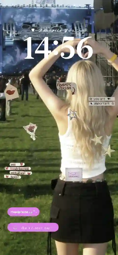 A blonde woman at a concert making a heart with her hands, surrounded by aesthetic stickers and customizable text boxes in a live wallpaper template.