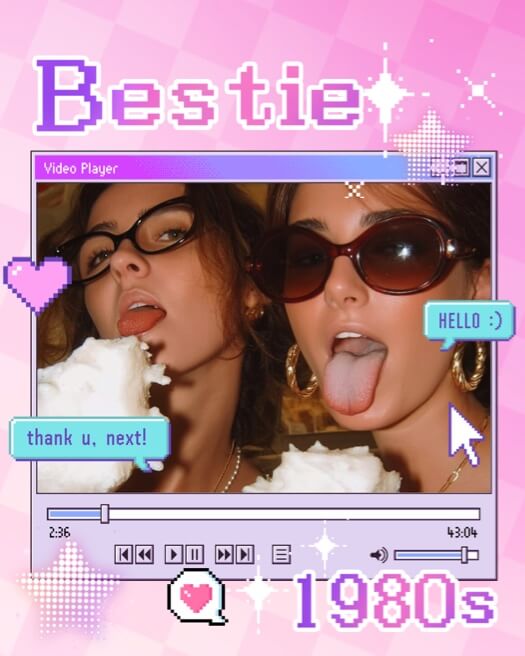 Modèle de collage photo rétro Y2K avec interface de lecteur vidéo, arrière-plan rose et cœurs pixelisés.