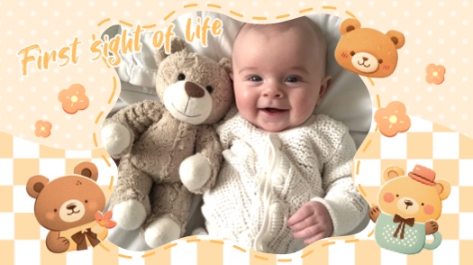 Modèle de montage photo pour bébé avec un cadre ondulé, des autocollants d'oursons en peluche et un arrière-plan à carreaux jaunes.