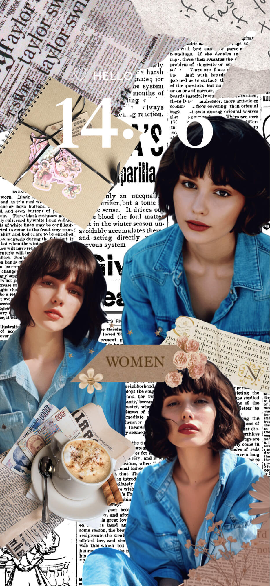 Un modèle de fond d'écran collage de journaux vintage avec des portraits féminins, du denim et du café, incluant des cadres photo personnalisables.