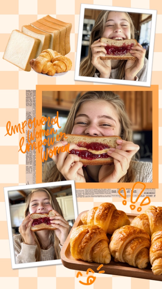 Eine Fotocollage im Scrapbook-Stil mit orangefarbenem Karomuster, Fotos einer Frau beim Essen eines Sandwiches und Bildern von Gebäck.