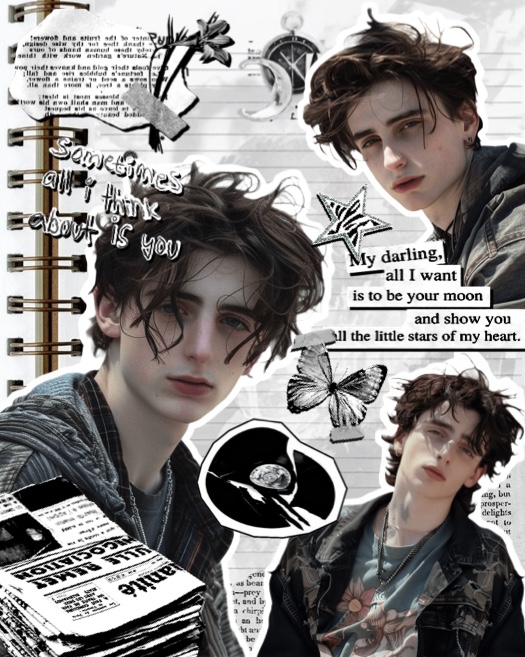 Un modèle de collage pèle-mêle style grunge vintage avec des portraits d'un jeune homme, des coupures de journaux et des papillons.