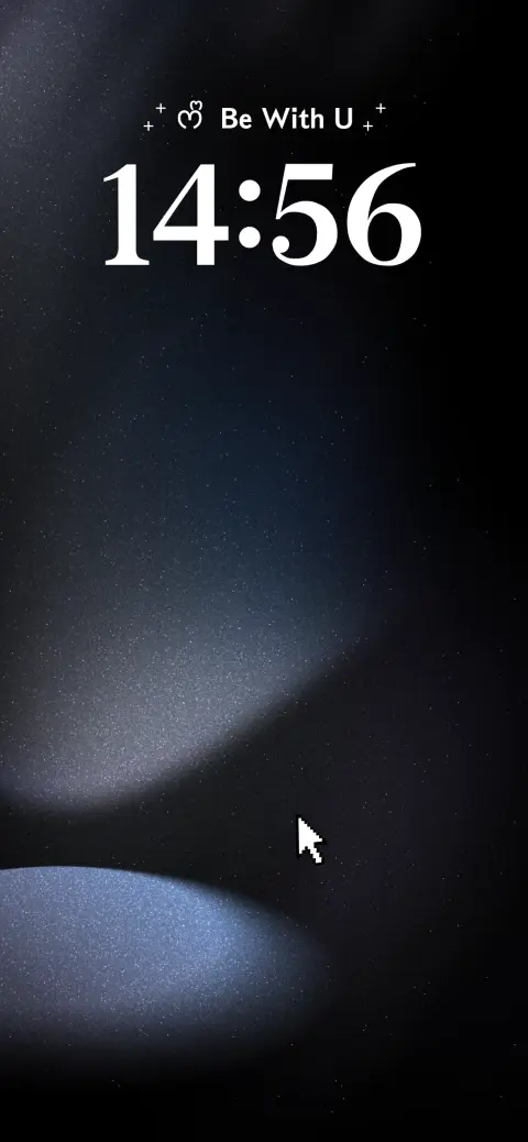 A dark grainy blue aesthetic live wallpaper template with Be With U text and heart icons for mobile lock screens.