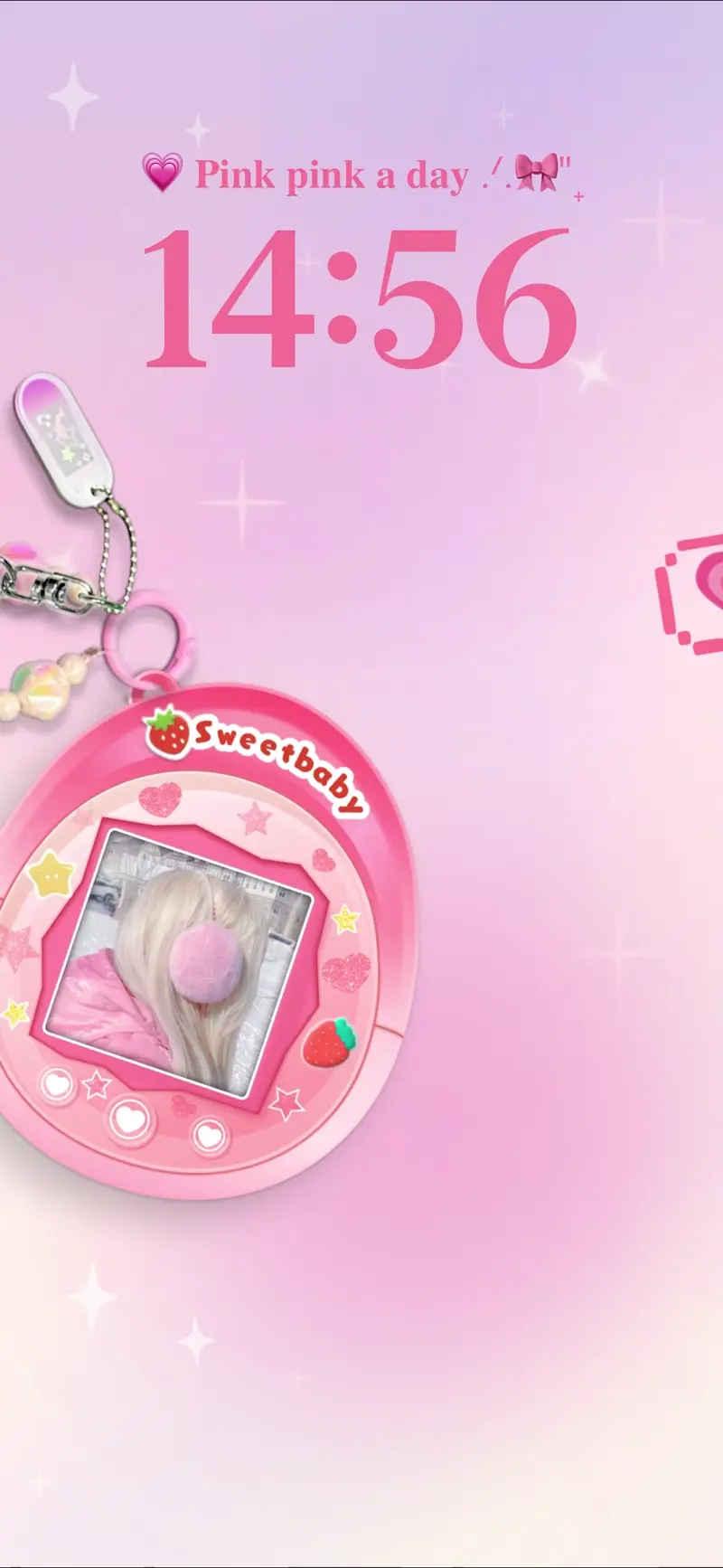Pinkes Tamagotchi-Gerät mit Fotorahmen auf glitzerndem Pastellhintergrund, anpassbare Vorlage.