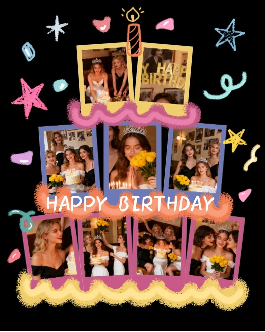 9-photo birthday collage template in the shape of a tiered cake with colorful hand-drawn stars and doodle art.