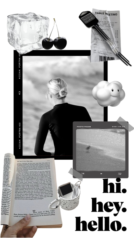 Monochrome Fotocollage-Vorlage mit Kodak-Filmrahmen, 3D-Kirschen- und Eiswürfel-Stickern, einer Quittung und dem Text 'hi. hey. hello.'