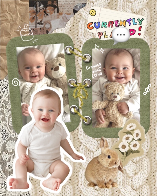 Montage photo pour bébé style scrapbooking avec fond en tricot, dentelle, autocollant lapin et cadres reliés par une ficelle.