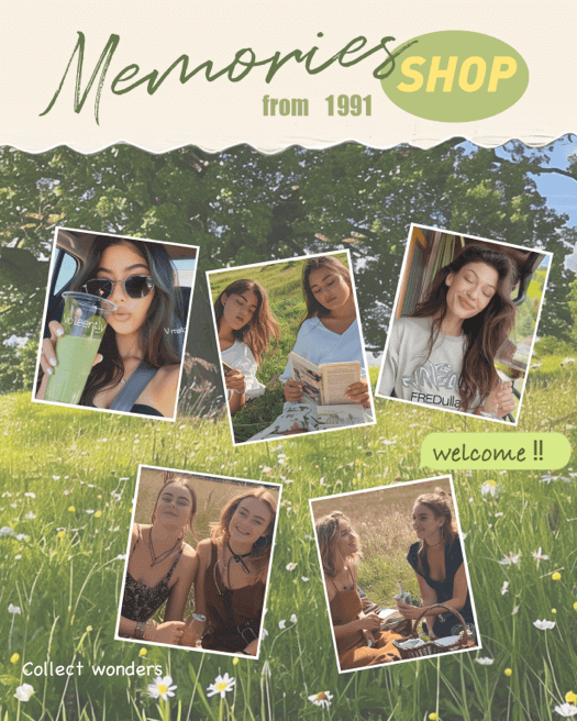 A retro-themed photo collage template with five tilted white-bordered photos over a daisy field background, featuring text 'Memories SHOP from 1991'.