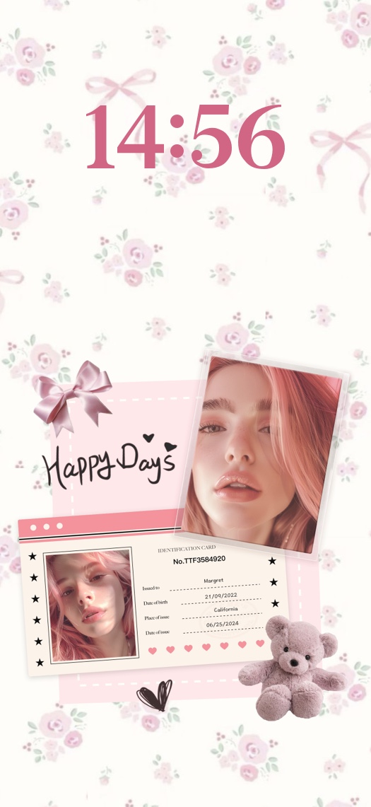 Rosa Coquette DIY Wallpaper Vorlage mit Rosenmuster, Schleifen, Fotorahmen, ID-Card-Widget und einem Teddybären.