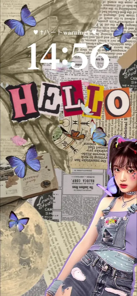 Aesthetic Y2K collage live wallpaper template featuring a girl, purple butterflies, and vintage newspaper background.