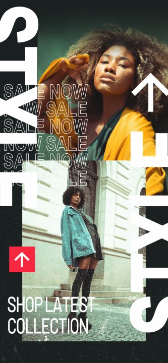 A customizable fashion collage wallpaper template featuring two photo inserts for street style images, bold vertical 'STYLE' text, and high-contrast red and black accents.