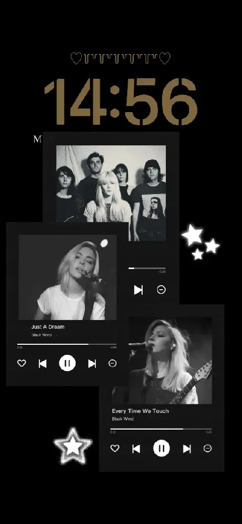 Personalisierbare Live-Wallpaper-Vorlage im Musik-Player-Stil mit Schwarz-Weiß-Fotocollage.