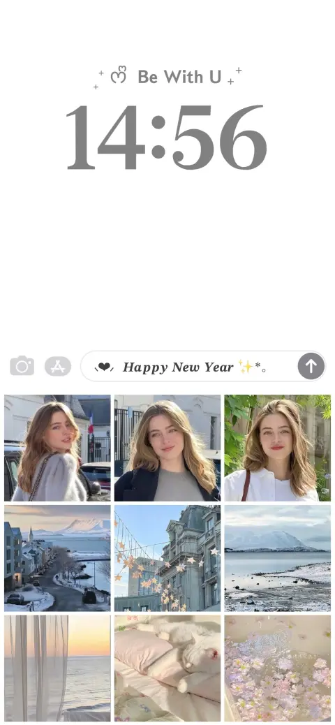 Aesthetic 9-photo grid live wallpaper template for New Year featuring winter landscapes and cozy lifestyle shots.