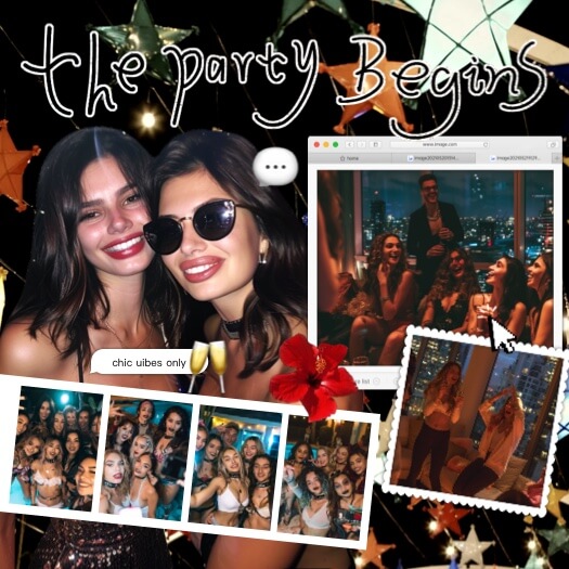 A freestyle photo collage with a nightlife theme. Background features hanging star lights and the text 'the party Begins'. Elements include a browser window, a polaroid frame, a hibiscus flower, and photos of friends at a party.
