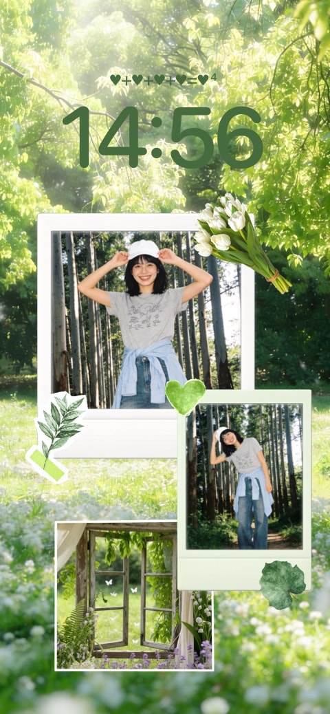 A customizable green nature wallpaper template featuring a lush forest background, white tulips, and Polaroid-style photo frames for personal inserts.