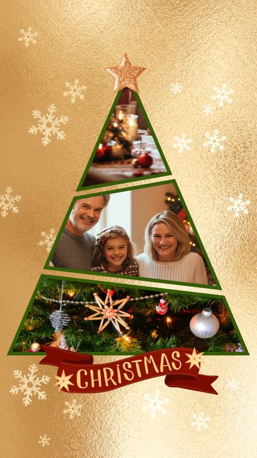 Eine Fotocollage in Form eines Weihnachtsbaums mit drei Fotofeldern auf einem goldfarbenen Hintergrund mit Schneeflocken.