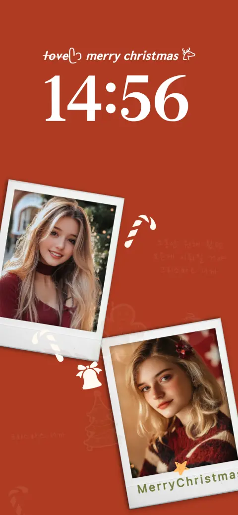 A festive red Christmas wallpaper template featuring two customizable polaroid photo frames, candy cane icons, and a 'Merry Christmas' header.