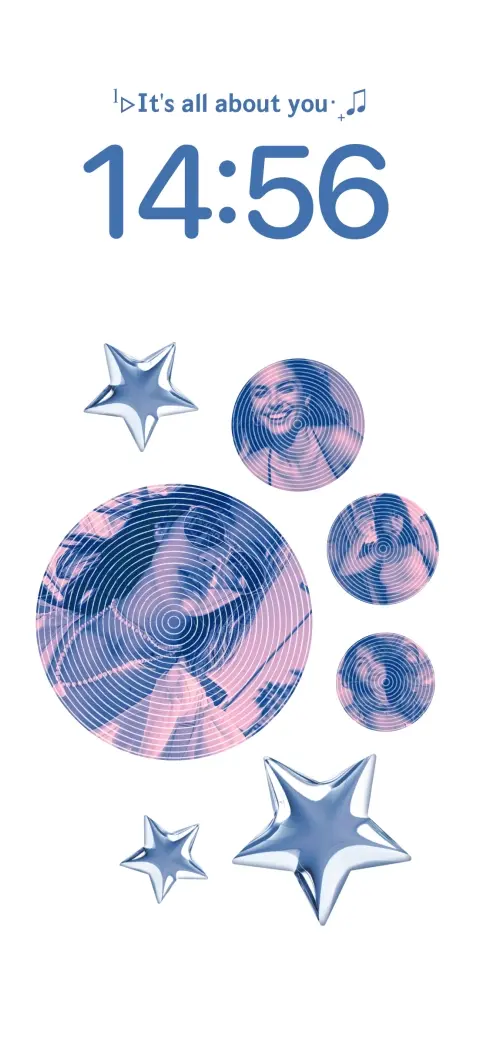 A customizable live wallpaper template featuring blue 3D stars and circular frames for personal photos on a clean white background.