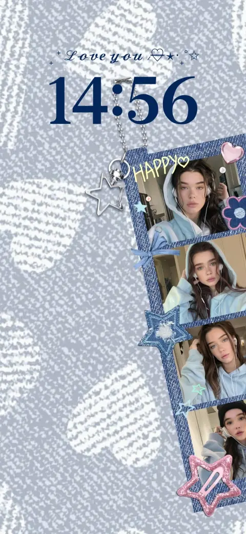Aesthetic blue denim live wallpaper template with a vertical photo collage strip and Y2K heart charms.