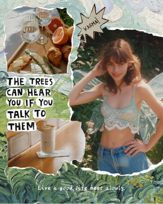 Eine künstlerische Fotocollage-Vorlage mit Ölmalerei-Hintergrund. Drei Fotos mit weißen, zerrissenen Papierrändern zeigen eine Frau mit Schmetterlingsflügeln und ein Picknick.