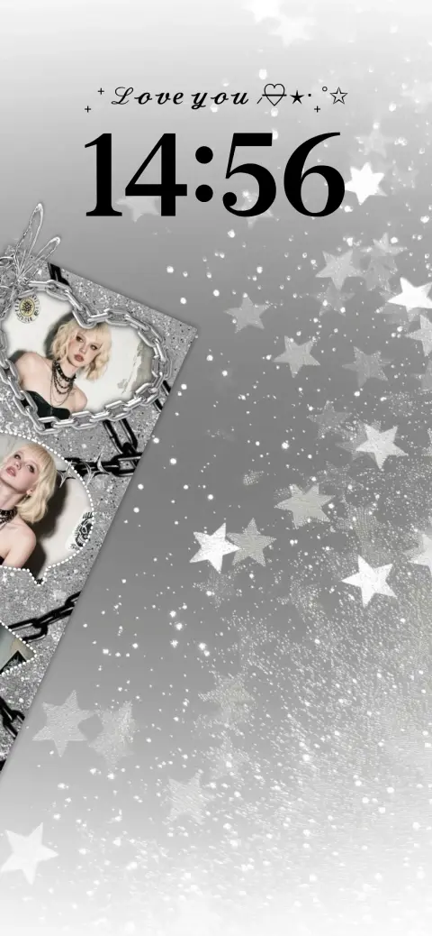 Plantilla de fondo animado plateado con estrellas, marcos de fotos de corazón y texto editable.