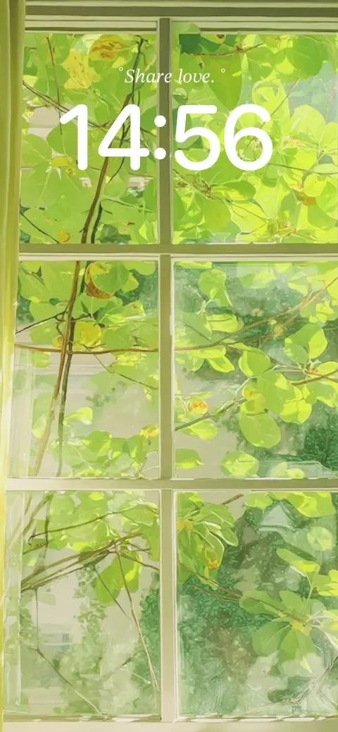 Eine anpassbare Wallpaper-Vorlage, die einen Blick aus dem Fenster auf hellgrüne Blätter im Sonnenlicht zeigt.