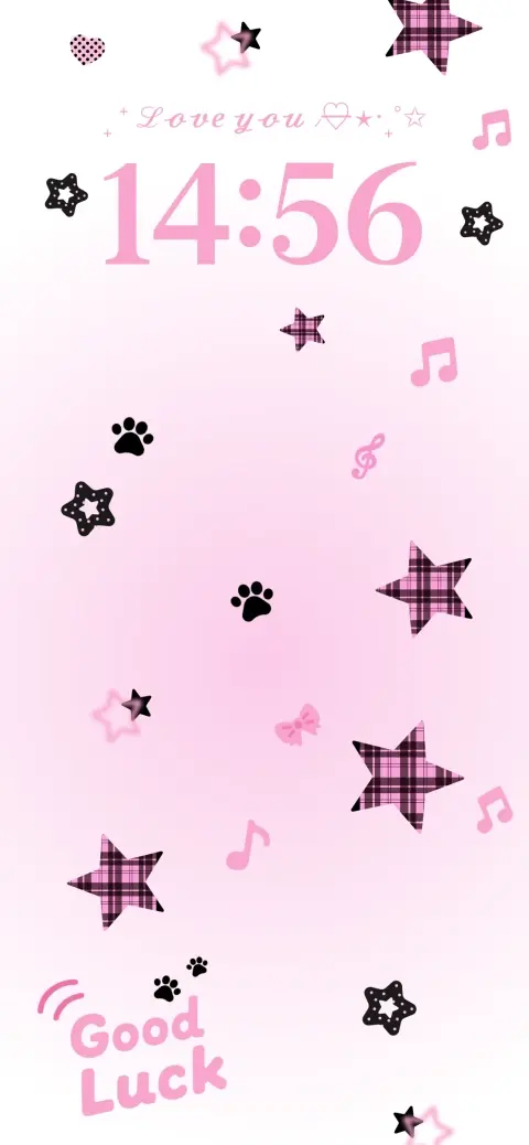 Anpassbare Live-Wallpaper-Vorlage mit pinkfarbenen Karosternen, Musiknoten und Textfeldern für den DIY-Sperrbildschirm.