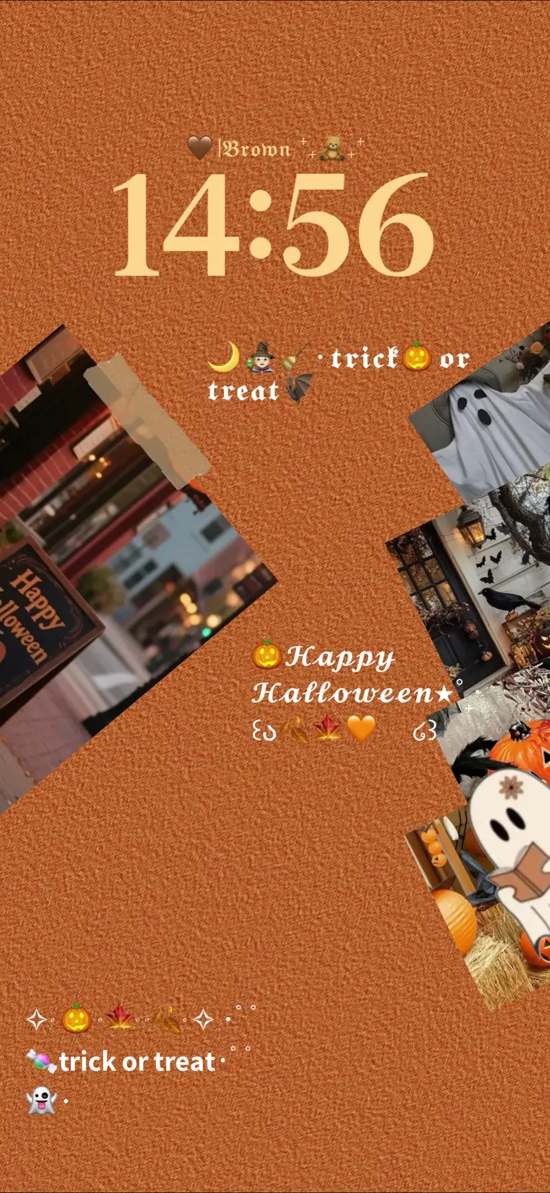 Aesthetic Halloween collage live wallpaper template with ghosts, pumpkins, and orange textured background for mobile phone.