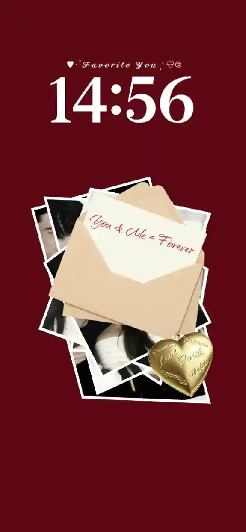 Plantilla de fondo de pantalla personalizable con estilo de recortes, fotos polaroid y un sobre con texto de amor.