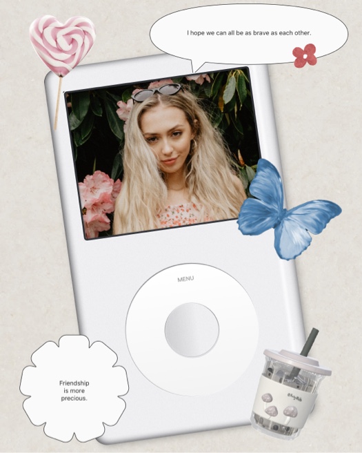 A digital photo collage template designed like a white classic iPod. A photo of a blonde girl is inside the screen. The layout is decorated with a pink heart lollipop, a blue butterfly, a boba tea cup, and speech bubbles with friendship quotes.