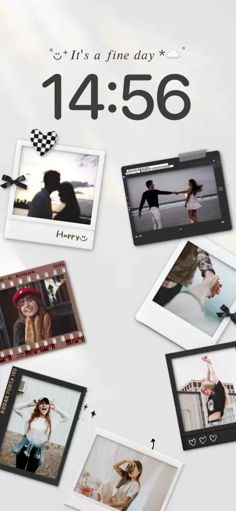 Plantilla de fondo animado DIY con un diseño de collage de fotos estilo polaroid y marcos de película sobre un fondo blanco limpio.