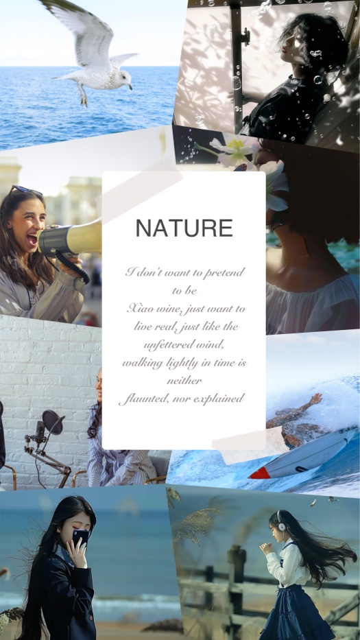 A freestyle photo collage with a central white card labeled 'NATURE'. It features various photos of a seagull, ocean waves, a surfer, and people in natural settings, decorated with white masking tape.