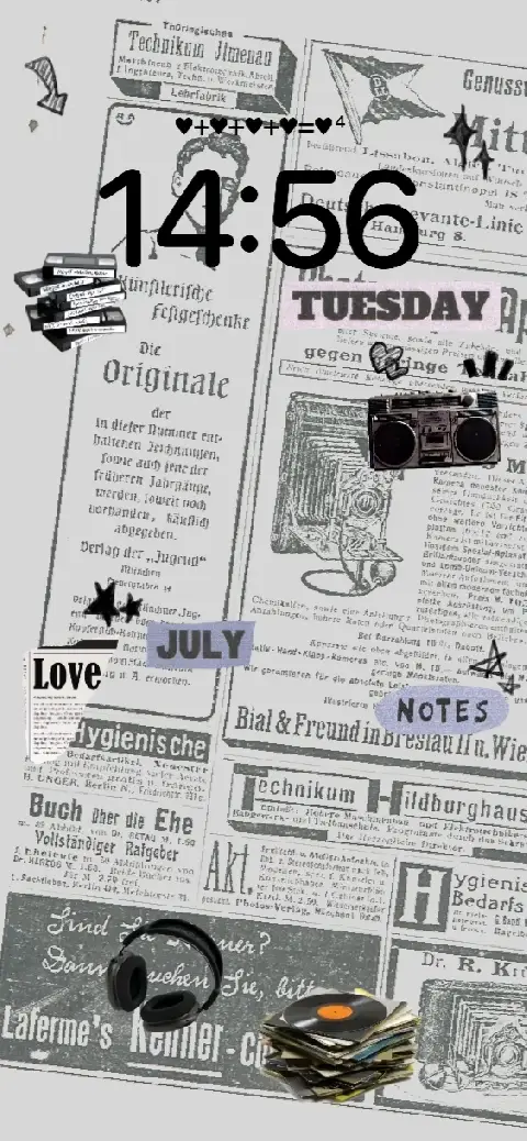 A monochrome vintage newspaper collage featuring retro objects like VHS tapes, a boombox, and records. It is a customizable DIY live wallpaper template with labels for text.