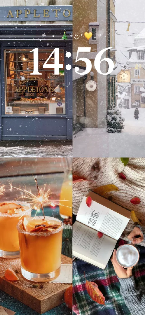 Modèle de collage hivernal pour fond d'écran animé personnalisable avec neige et boissons chaudes.