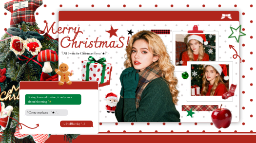 Eine weihnachtliche Scrapbook-Fotocollage mit einem großen Foto und zwei Polaroid-Rahmen. Dekoriert mit Lebkuchenmann, Weihnachtsmann, Tannenbaum und roten Karomustern.